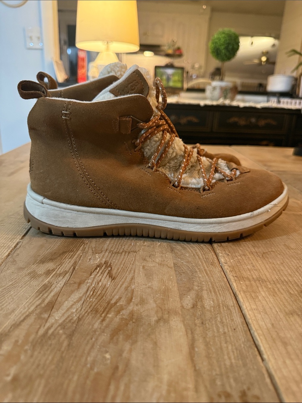 UGG Chestnut Suede Lace-Up Winter Boot with Shearling Trim